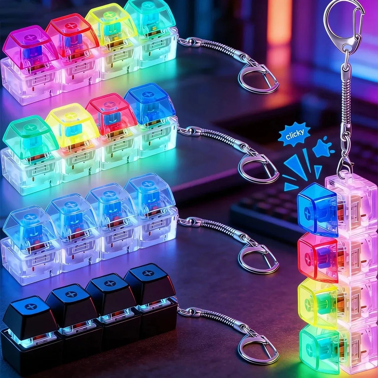 Electronics Gadgets For Kids - พวงกุญแจคีย์บอร์ด LED ของเล่นคลิกเกอร์คริสตัล ของเล่นบรรเทาความเครียด พวงกุญแจคีย์บอร์ด แกดเจ็ตคลิกเกอร์สำหรับผู้ใหญ่และเด็ก